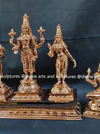 A miniature Diwali presentation set of Sri Balaji (Vishnu) with Sridevi, Bhoodevi, and Padmavati. These small, polished icons are perfect for a home pooja room, celebrating the festival of lights with divine presence.