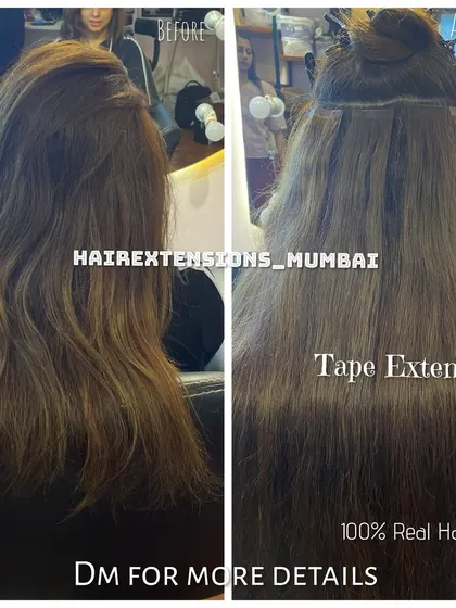 A before and after showing the application of tape-in extensions. The 'after' shot on the right shows how well they are hidden.