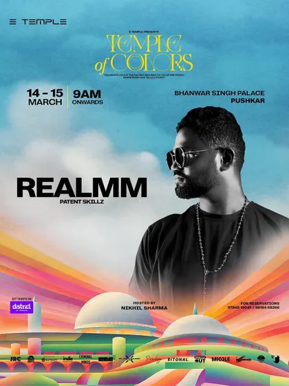 The poster for 'Temple of Colors' in Pushkar, a Holi festival. The colorful, grand design perfectly matches the scale and theme of the event.