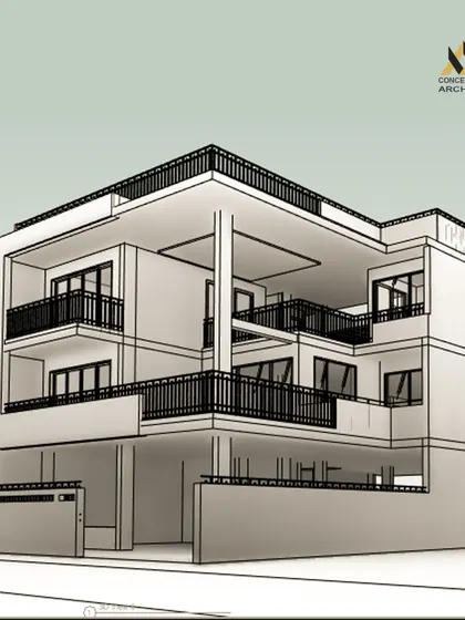 A wireframe 3D model of a residential building. This early-stage visualization helps us define the building's massing and form before we add materials and details, forming the structural skeleton of the final design.