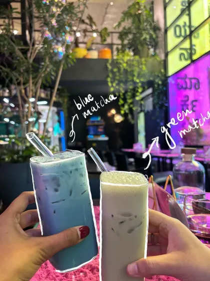 Cheers to blue and green matcha. I outlined the glasses and added text to identify the unique drinks.