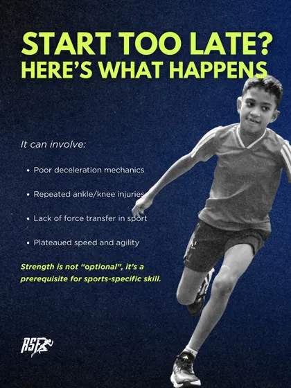 What happens if strength training starts too late? This infographic explains the consequences, which can include poor deceleration mechanics, recurring knee or ankle injuries, and a plateau in speed and agility. Strength is a prerequisite for high-level skill.