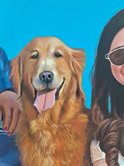 Detail of a custom pet portrait, part of a larger family painting. I take care to capture the unique features and spirit of animal companions, as they are integral members of the family.