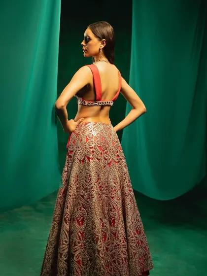 The back view of the red mirror-work lehenga from 29 India, showcasing the detailed embroidery and blouse design.