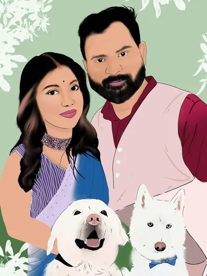 A happy family portrait featuring a couple and their two fluffy white dogs. I really enjoy adding pets into the illustrations because they are such an important part of the family.
