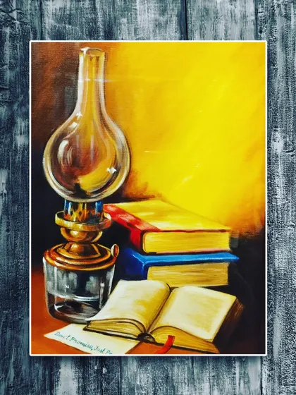 A classic still life painting of a lantern and books, done with acrylics. This piece demonstrates a strong understanding of light, shadow, and composition.