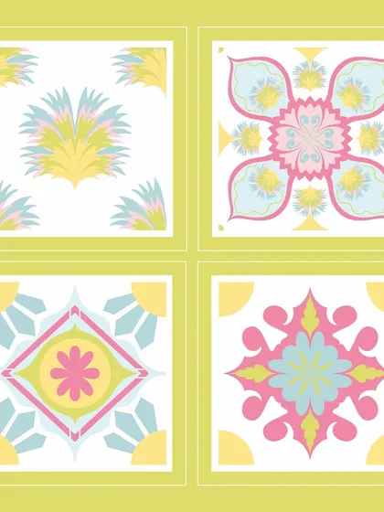 Another colour variation of the 'Pavé Pop' tile designs. The soft greens, pinks, and blues work together to create a gentle, harmonious collection.