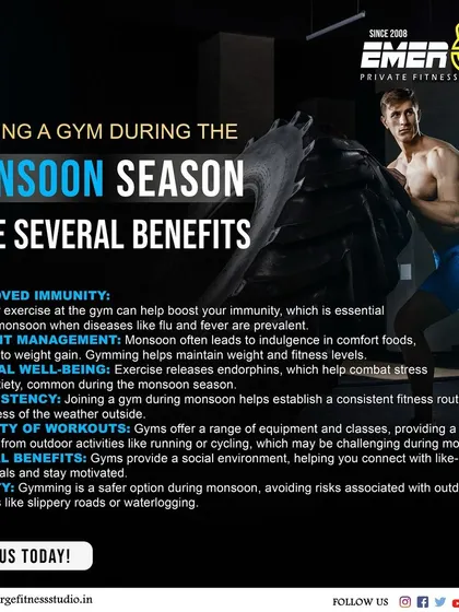Don't let the monsoon stop you. Joining a gym during this season helps improve immunity, manage weight, and maintain a consistent routine in a safe environment.