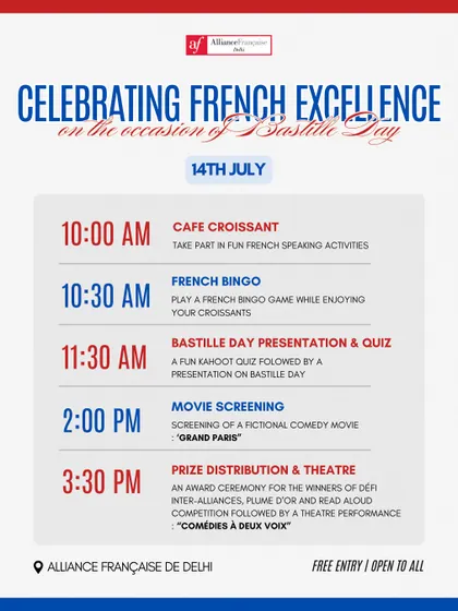 A detailed itinerary for our Bastille Day festivities. This graphic clearly lays out the day's program, from morning French-speaking activities to an afternoon theatre performance, ensuring everyone can plan their visit.