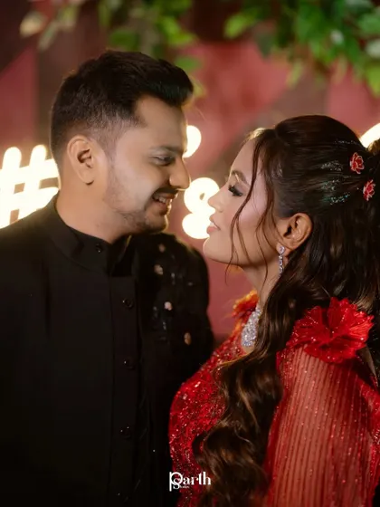 An intimate close-up of the couple, capturing a sweet and romantic moment.