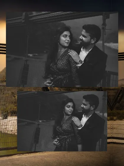 A timeless black and white portrait from their Rishikesh pre-wedding shoot. The focus is entirely on their loving gaze, with the dramatic landscape as a subtle backdrop.