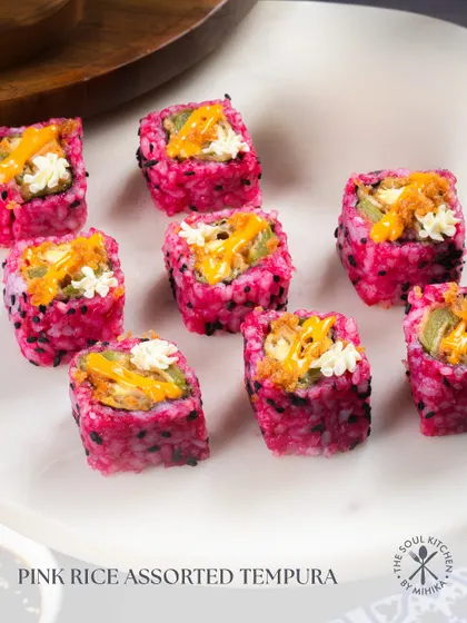 My Pink Rice Assorted Tempura sushi is bright, bold, and seriously addictive, filled with bell pepper and babycorn.
