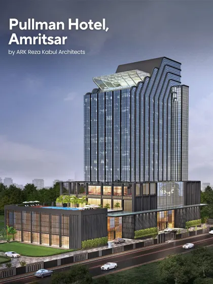 A poster-style render of the Pullman Hotel in Amritsar. The design features a distinctive, cascading glass facade that will make it a new landmark on the city's skyline.