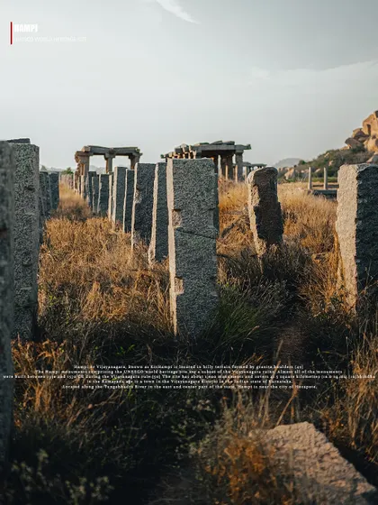 A series of images presented as pages from a travel magazine, each with a text overlay explaining Hampi's history. These photos capture various ruins, including temple tanks, stone pillars, and mandapas, telling the story of the lost empire.