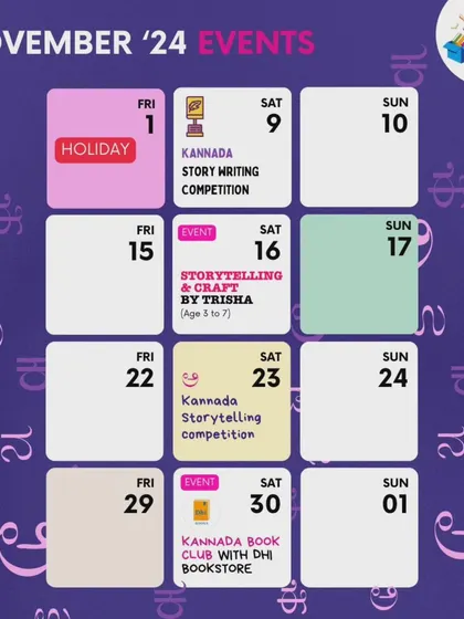 Our events calendar for November, packed with a story writing competition, storytelling sessions, and our monthly Kannada Book Club.