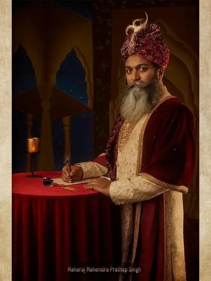 A character portrait of Maharaj Mahendra Prathap Singh from the theatrical production 'Ek Mahal Ki Daastan'. I styled him in a regal sherwani, a traditional turban, and a velvet shawl to create an authoritative and kingly presence.