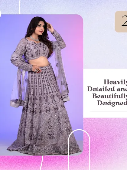 A graphic highlighting the beautiful, heavy detailing on this lilac lehenga. It's a perfect example of the craftsmanship you can rent.