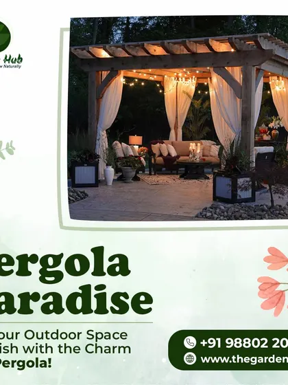 Let your outdoor space flourish with the charm of a pergola. This image shows a pergola decorated with string lights and curtains, creating a magical paradise for evening relaxation.