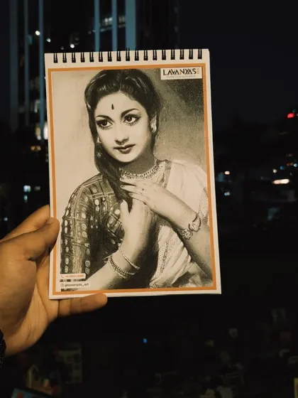 A beautiful charcoal portrait of the actress Savitri by Lavanya, held up against the evening sky at our Sublime Fiesta.