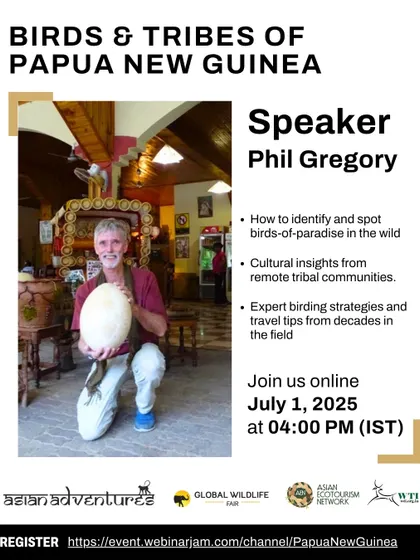 A webinar announcement featuring expert Phil Gregory, who will be speaking on the birds and tribes of Papua New Guinea. We regularly host online sessions to share knowledge from top experts in the field.