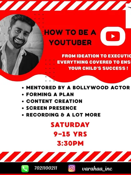 Our 'How to be a YouTuber' class, mentored by a Bollywood actor, covers everything from ideation to execution. For ages 9-15, this workshop helps children form a plan, create content, and improve their screen presence.