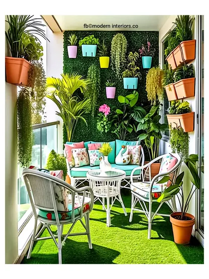 This image showcases a lovely wicker seating set, perfect for enjoying the outdoors. The floral cushions and surrounding plants create a fresh, garden-party atmosphere right on the balcony.