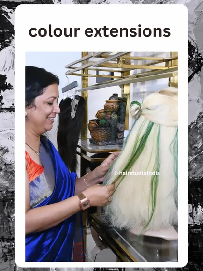 I love getting creative with colors! Here I am working on a piece with vibrant green highlights, showing that our extensions can be customized with any color you can imagine.