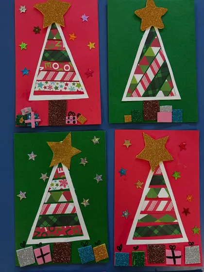 These Christmas cards feature trees made from patterned paper scraps. It's a great way to use up leftover materials and create something beautiful.