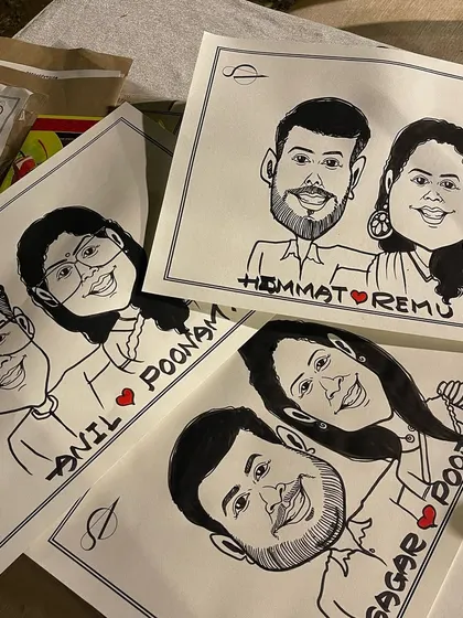 More happy faces from a wedding at the Taj Land's End Hotel. We can sketch many guests throughout an event, ensuring everyone gets a chance to have their portrait done.
