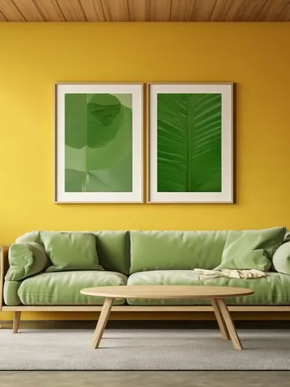 A vibrant and cheerful interior combining sunny yellow walls with a fresh green sofa.