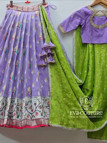 A full view of the lavender floral lehenga set.