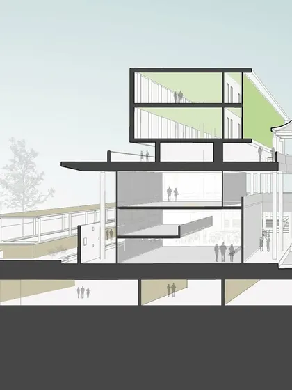 This architectural section shows how the central court acts as a focal point for gatherings. It also illustrates the visual connectivity across different levels, creating interesting vistas and a dynamic user experience.