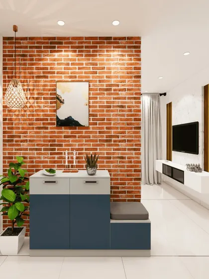 A foyer concept with an exposed brick accent wall. The compact shoe cabinet with a seating nook is perfect for small entryways, adding both function and a touch of industrial chic.