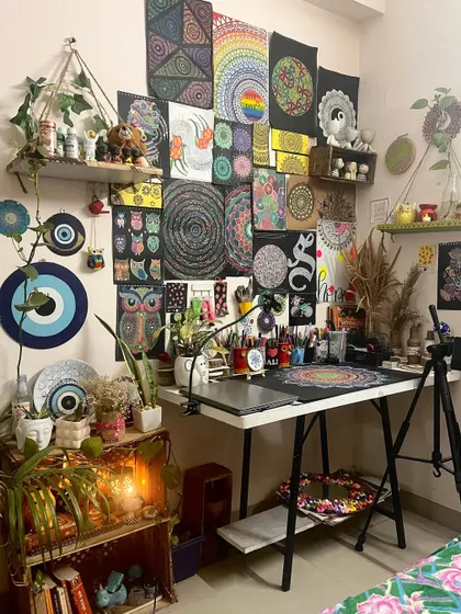 This is my art space, a corner I created in 2023. It's where I find peace, meditate, and spend time with my art.