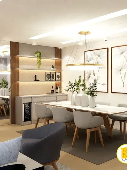 A modern dining area with a custom-built sideboard featuring a wine cooler and backlit display shelves.