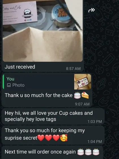 A happy client's message about our customized cupcakes. We love that they appreciated the surprise and the "love tags" we included.