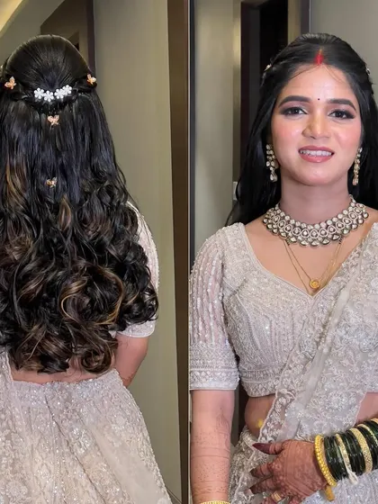 A front and back view of the complete reception look, showing both the makeup and the hairstyle.