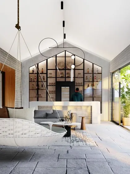 A closer perspective on the seating area in the terrace lounge concept. The mix of a sofa, a hanging chair, and minimalist coffee tables creates a relaxed yet sophisticated atmosphere perfect for social gatherings.