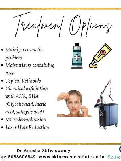 This infographic explains Keratosis Pilaris, or 'chicken skin'. While it's a harmless cosmetic issue, we can improve its appearance with treatments like chemical exfoliation, moisturizers containing urea, and even Laser Hair Reduction to smooth the skin's texture.