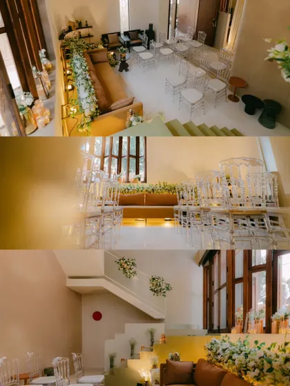 A collage of the intimate wedding venue decor. The clean white and gold palette, accented with fresh flowers and elegant seating, creates a sophisticated and welcoming atmosphere.