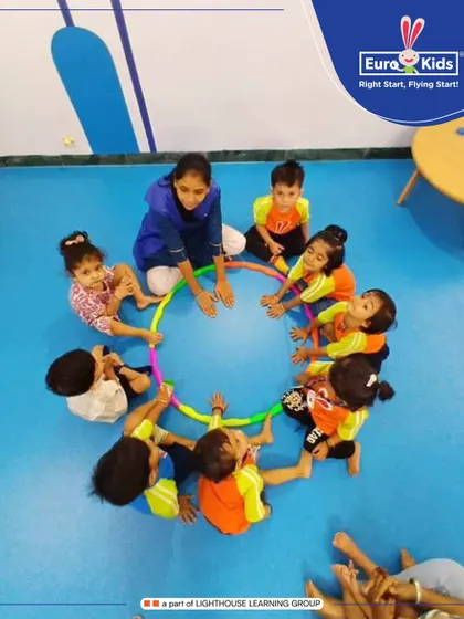 An aerial view of children and a teacher sitting in a circle, using hoops to create a shared space. This simple setup encourages communication, turn-taking, and a sense of community.