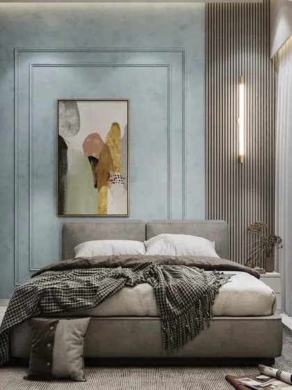 A duplicate of image 233, featuring a serene bedroom with a blue-gray textured wall and a simple, comfortable design.
