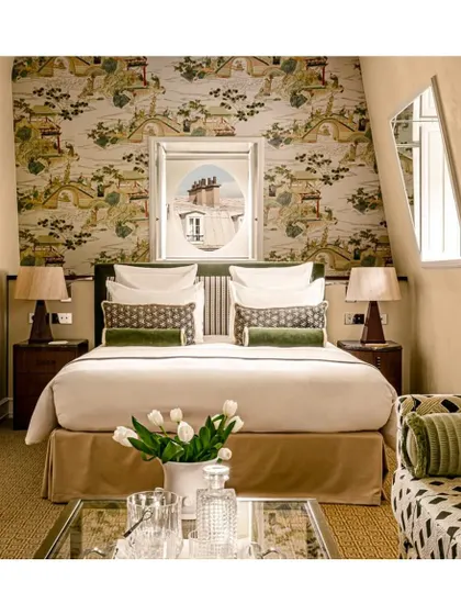 At St. James Paris, elegance meets artistry with the Shaolin wallpaper by La Maison Pierre Frey. This statement Chinoiserie-style wallpaper, with its refined and imaginative pattern, elevates every corner it touches, creating a truly luxurious experience.