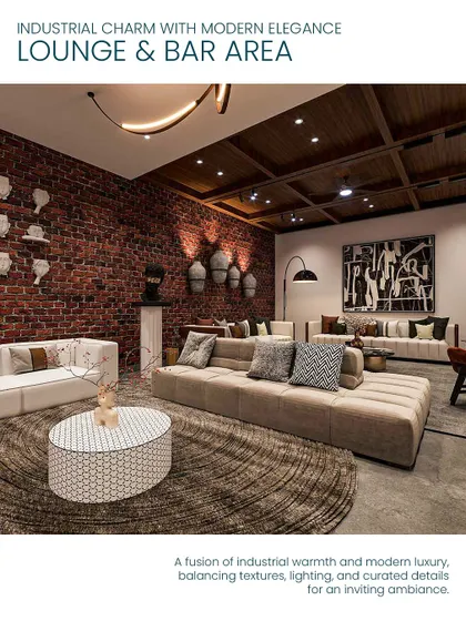 This lounge and bar area combines industrial charm with modern elegance. An exposed brick wall is balanced with plush sofas, a coffered wooden ceiling, and contemporary art.