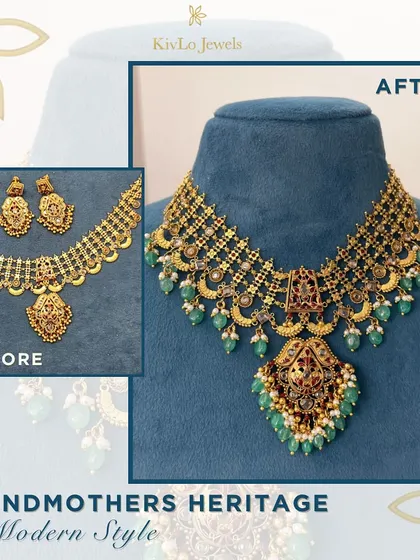 Grandmother's heritage in modern style. This classic gold necklace was upcycled with a bigger pendant, intricate work, and beautiful green bead hangings, making it perfect for today's trends.