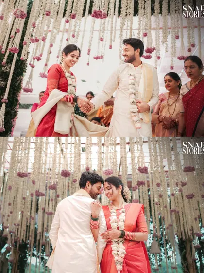 A collage showing the couple's first look and a romantic pose under a floral canopy. We capture both the traditional moments and the modern romantic portraits.