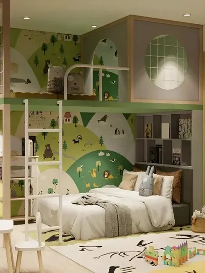 A nature-themed kids' room with a beautiful landscape mural, a loft play area, and a climbing wall for endless fun.