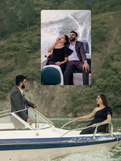 A creative collage combining a wide shot of the couple on the boat with a close-up of their joyful expressions.