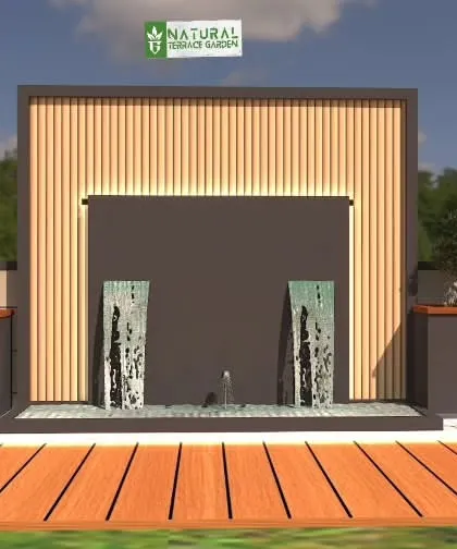 A proposed design for a modern wall fountain. The water flows from two spouts into a pebble-filled basin, with a wood-paneled background.