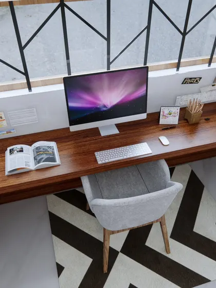 A closer look at the study area in the Campan Valley Villa project, featuring a long wooden desk positioned by the window for great natural light.
